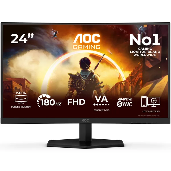 Monitor Gaming AOC C24G42FE, 23.6", FHD (1920×1080), Curved VA 1500R, 180Hz, 4ms (GTG), 0.5ms (MPRT), 300 cd/m², 3000:1, 117.4% sRGB, 88.3% DCI-P3, HDR10, Flicker-Free, Low Blue Light, Adaptive-Sync, HDMI 2.0, DP 1.4, Tilt, VESA 100×100 mm, Black/Red