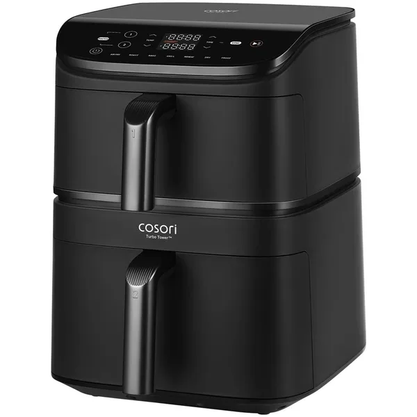 Friteuza cu Aer Cald Cosori Turbo Tower, 2630 W, 6.5 l si 4.3 l, temperatura 30° - 230°C, 7 programe presetate, cosuri cu invelis ceramic, Negru