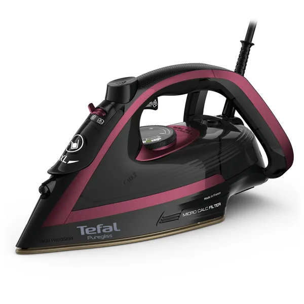 Fier de calcat cu abur Tefal Puregliss FV8065E0, abur variabil 50 g/min, jet de abur 280 g/min, 3000 W, sistem Micro Calc Filter, negru & visiniu
