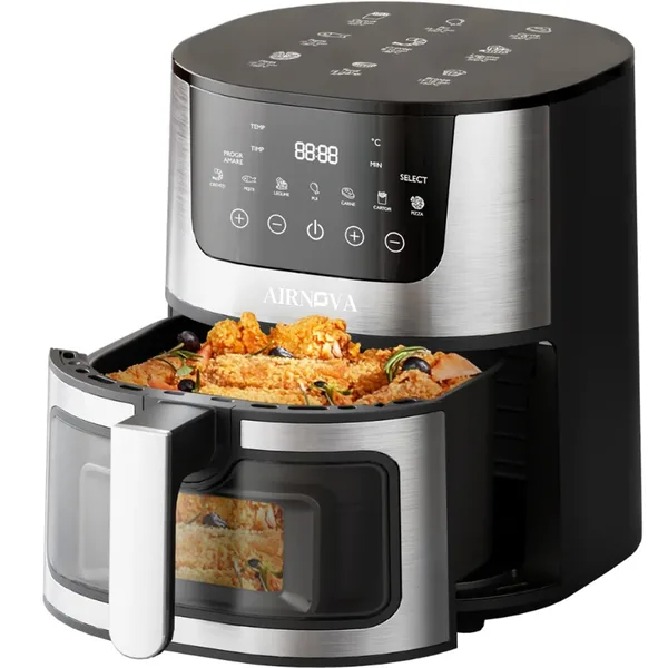 Air fryer AIRNOVA® OroFritto 1400W, Friteuza cu aer cald, Capacitate 7L, Negru/Inox