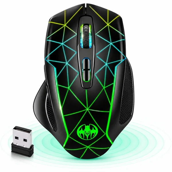 Mouse Gaming Wireless cu Jiggler Timebox, 7 Butoane, RGB LED, 1600 DPI, USB Receiver 2.4GHz, Ergonomic, Compatibil Laptop, PC, Windows, Mac – Design Negru