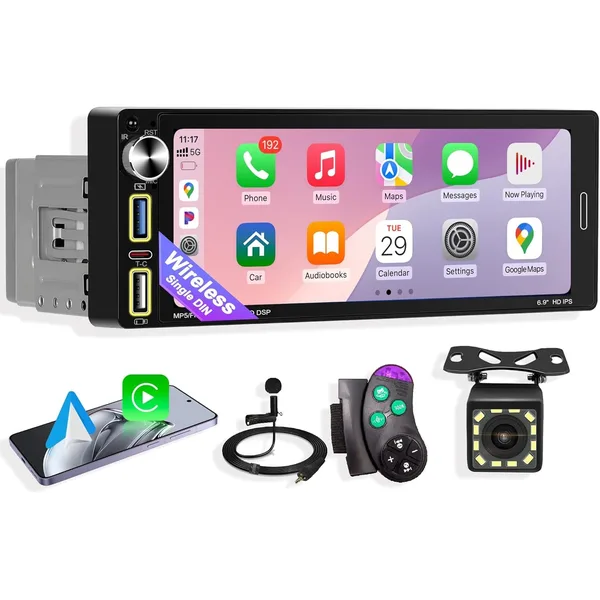 Sistem de navigatie auto universal, Walalla, sistem audio auto single-DIN, compatibil wireless Apple CarPlay si Android Auto, echipat cu radio FM si camera video pentru mers inapoi, ecran tactil IPS de 6, 9 inci, Bluetooth 5.0, functie de navigatie