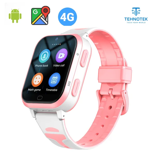 Ceas Smartwatch pentru copii 4G, Android, Google Play, Whatsapp, TikTok, Instagram, Facebook, Youtube, TehnoTek, Camera HD, Localizare GPS, Apel Video HD, Super AMOLED, Monitorizare spion, Apa IP67, WIFI, Bluetooth, Ritm Cardiac, Roz