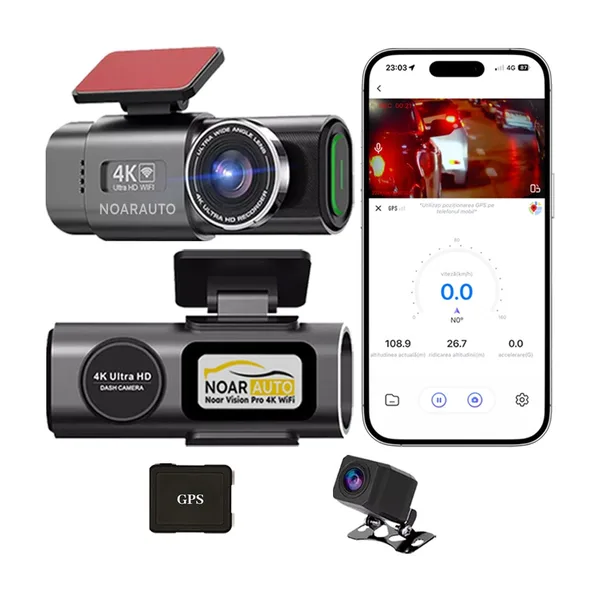 Camera Auto Noar Vision Pro 4K, Camera Spate 1080P, GPS, WIFI, Modul Parcare 24/7, Vedere Nocturna, Inregistrare in Bucla, Senzor Impact, Aplicatie telefon, Instructiuni lb. romana, Design modern, Unghi 170°