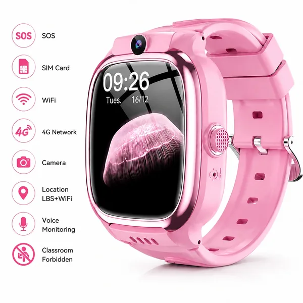 Ceas Smartwatch pentru Copii, Conectivitate 4G, Localizare LBS+WIFI, Cartela SIM, Ceas inteligent fete, Functie SOS, Spion, Camera, Ecran Tactil 1.69", Ceas fetite, Apel Video, Autonomie 48H, IPX 67, Apelare Rapida, Functii Smart, Jocuri, Roz
