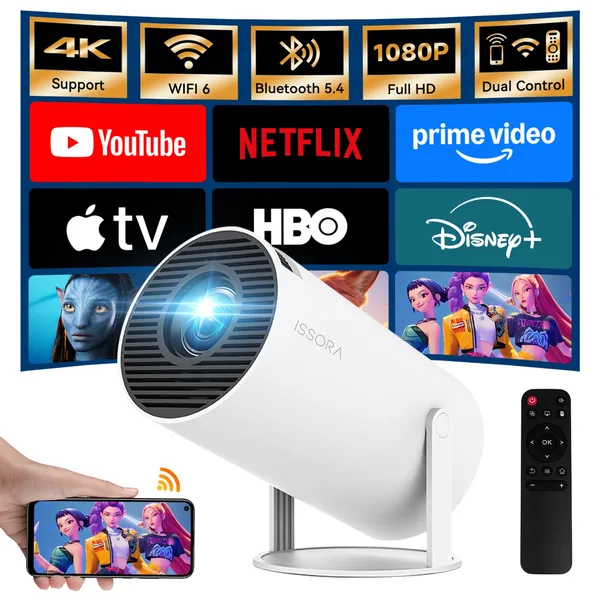 Videoproiector Portabil ISSORA® PRO - Smart 4K Ultra HD, Luminozitate 200 ANSI, 7000 Lumeni, Android 11, WIFI6, Bluetooth 5.0, Android 11, Difuzor, Autofocus, Proiectie Ajustabila 130 Inch, Rotatie 180 Grade | Performanta Superioara