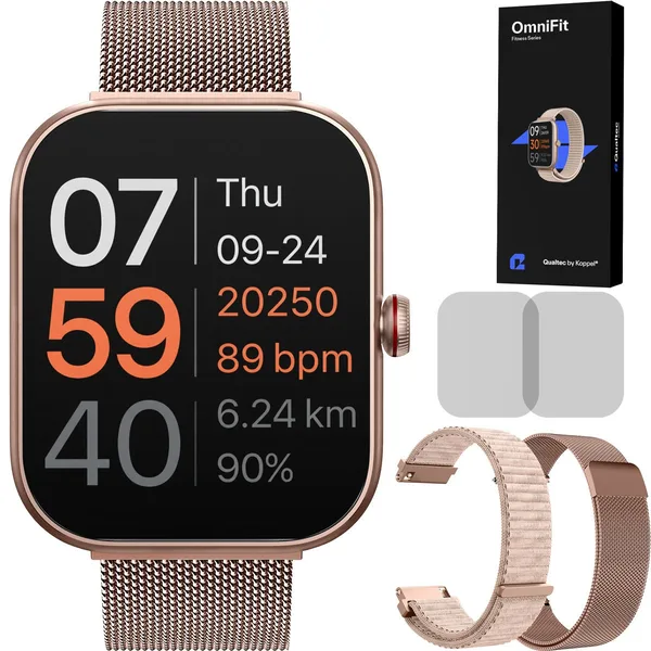 Ceas smartwatch dama, Qualtec by Koppel®, inteligent, fitness, sport, rezistent apa, functie smart numarat pasi, notificari, ecran 1.91", wireless, apelare Bluetooth 5.3, microfon HD, monitorizare somn, limba romana, 2 bratari incluse, OmniFit, roz