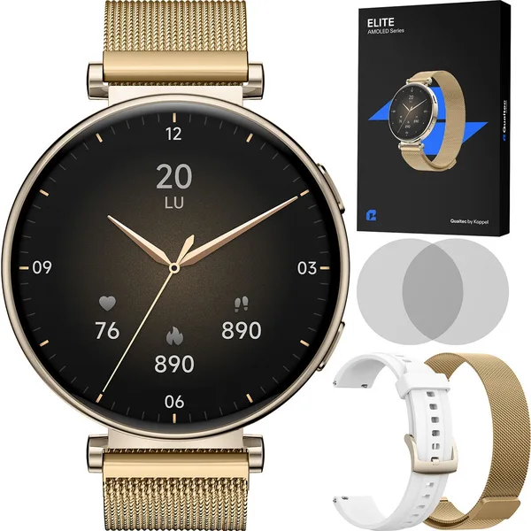Ceas smartwatch dama, Qualtec by Koppel®, ecran rotund AMOLED 1.32", inteligent, fitness, sport, rezistent apa 3ATM, smart, notificari, wireless, apel Bluetooth 5.3, microfon HD, limba romana, pentru femei, carcasa metalica, 2 bratari incluse, ELITE, gold