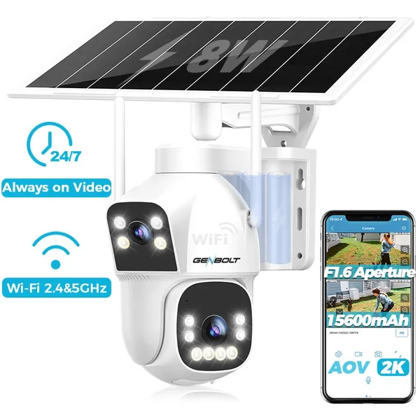 Camera de supraveghere duble Cu panouri Solare GENBOLT®, AOV, 2.4/5.8Ghz WIFI, 2K, 3MP+3MP, acumulatori 15600 mAh, Panou Solar 8W, culoarea vederii nocturne, Urmarire automata, IP66, stocare card/cloud, comunicare bidirectionala, Apasare alarma, Alba
