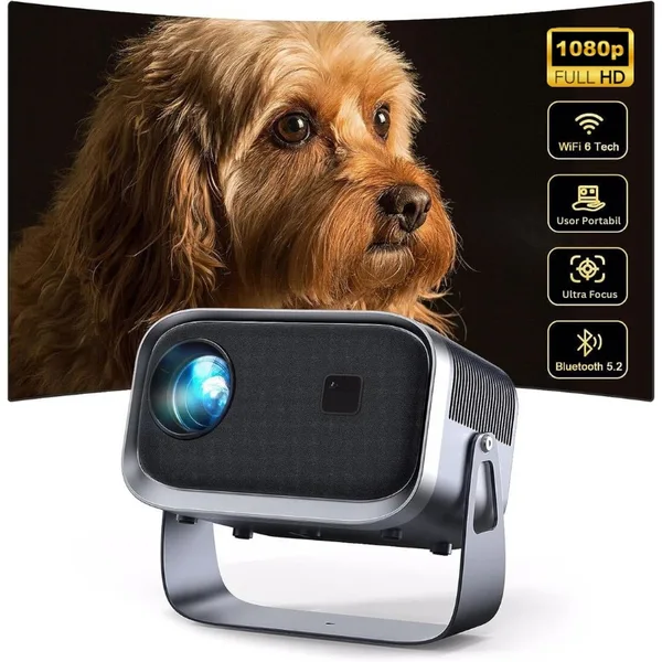 Videoproiector Smart LED Portabil Premium, 4K UltraHD, Android 11, Autofocus, Difuzor Incorporat, 200 Ansi, 15000 Lumeni, Wi-Fi6, Bluetooth 5.2, Proiectie Ajustabila, Conexiune HDMI, USB si Mirroring Android/ IOS, 1 GB RAM, 8 GB memorie, Rotatie 360 Grade