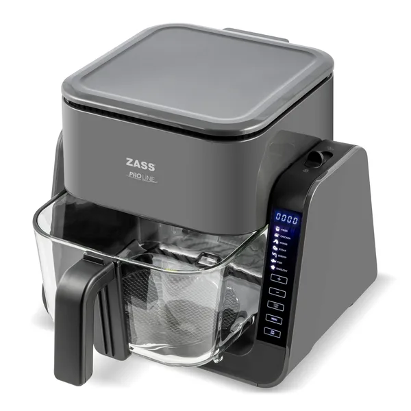 Friteuza cu aer cald multifunctionala Airfryer 2 in 1 ZASS ZAF 12, Vas de sticla borosilicata 4L detasabil, 1500W, Vas de gatit 2,5L cu capac din sticla, suport de silicon si sita incluse