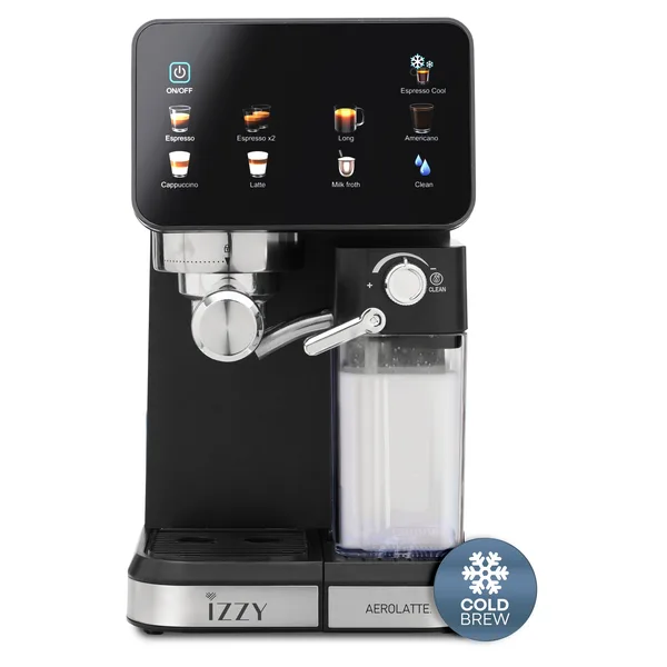 Espressor Aerolatte IZ-6020, Izzy, Rezervor incorporat pentru spuma de lapte de 500 ml cu reglare a fluxului de abur, cu optiunea COLD BREW, 1450W, 20 Bar, 1.5L, inox