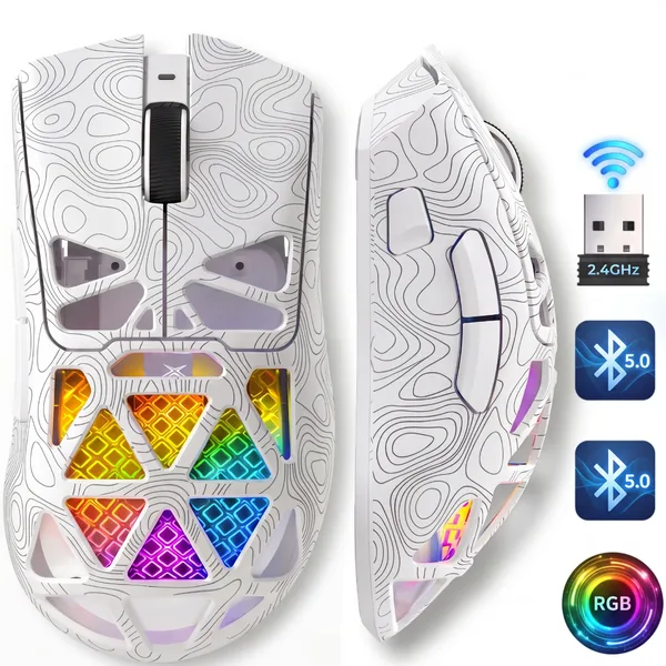 Mouse Gaming Profesional, FURYCUBE G11, 6 Butoane customizabile, DPI 24 000, Multi-device, 1000Hz, Soft Butoane, Ultra-usor 65gr, Mouse Wireless Fara Fir, Bluetooth, Baterie 400mAh, Mouse lumini RGB, Mouse Ergonomic, Mouse Gaming, Universal, Alb